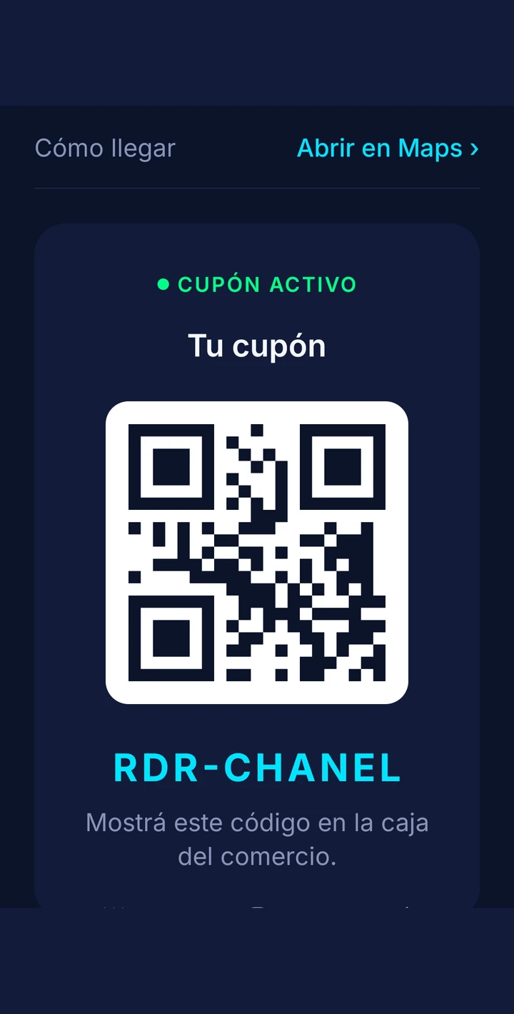 Cupón con código QR para canjear en el local