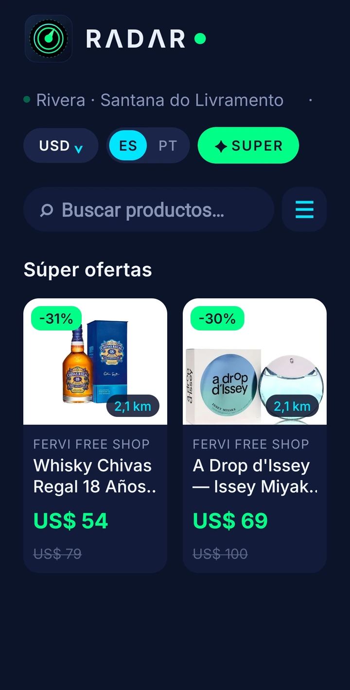 Feed de súper ofertas en RADAR