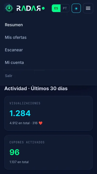 Panel de RADAR en celular: actividad de los últimos 30 días